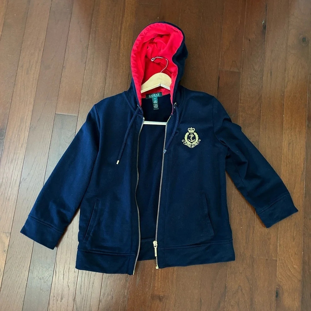 Lauren Ralph Lauren kids medium Zip Up Hoodie Sweater Jacket Blue Embroidered - Picture 2 of 8